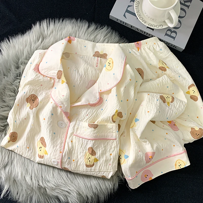 波点小狗睡衣女云朵棉春秋长袖长裤两件套学生卡通可爱少女家居服