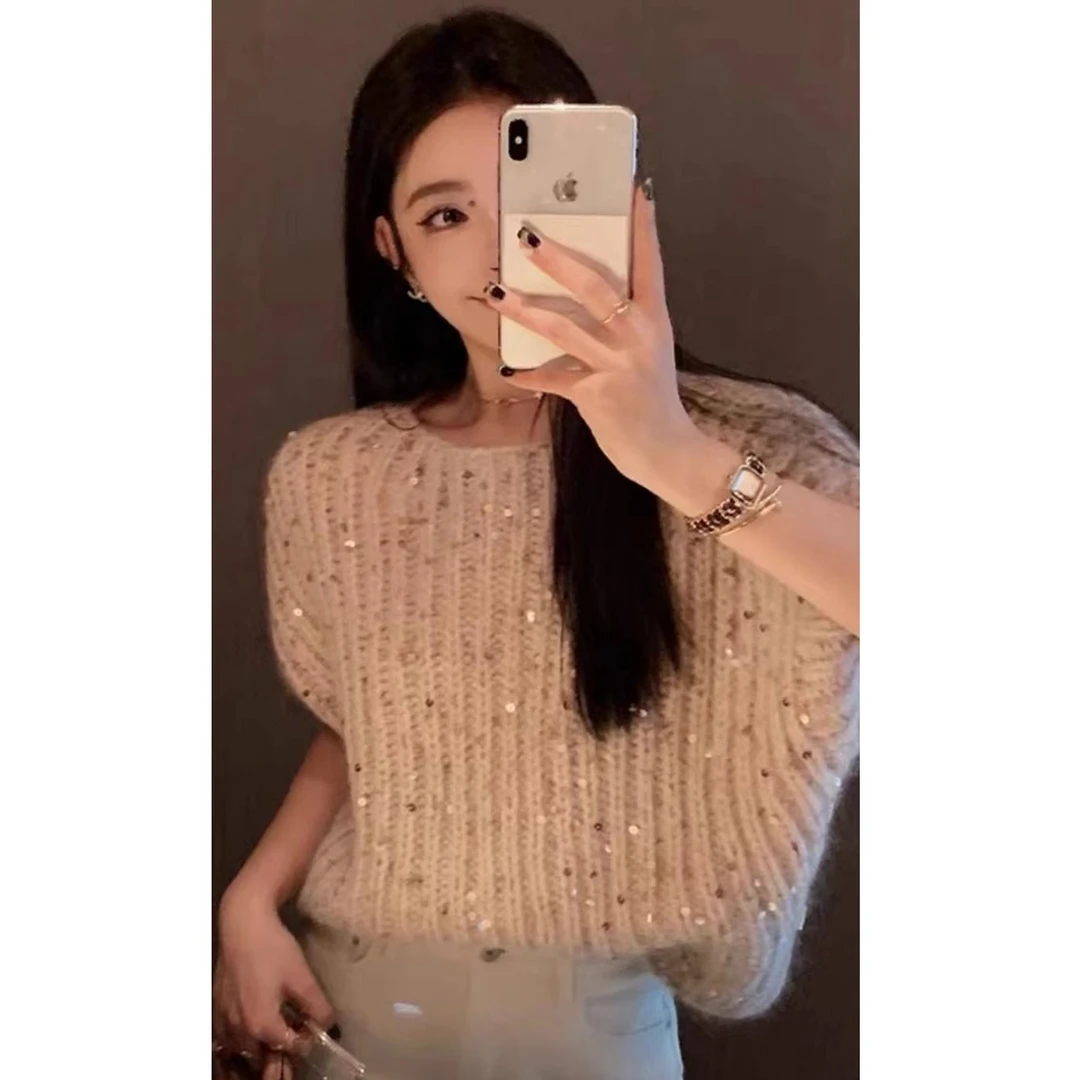 洋洋严选-时尚高级感重工渐变亮片小香风套头马甲毛衣女 YY68166