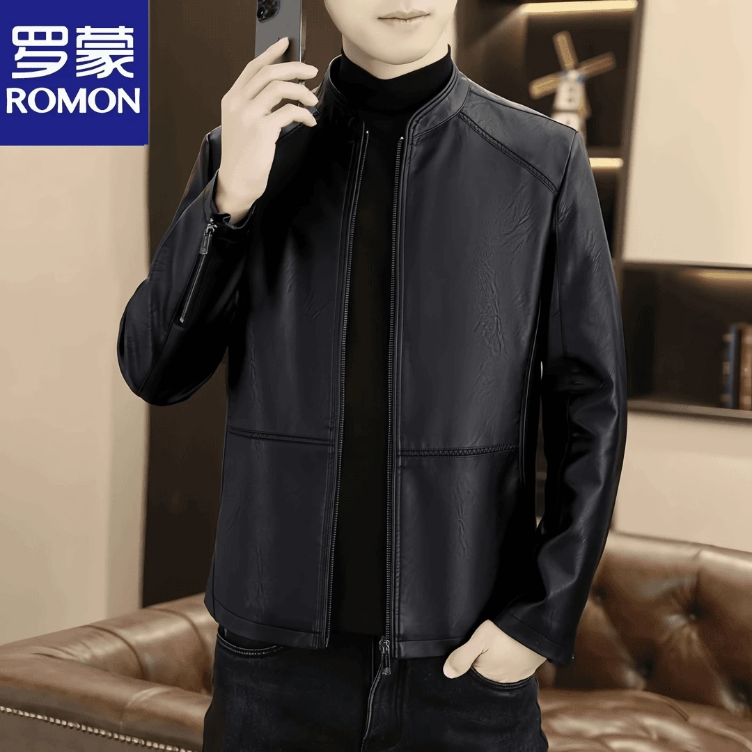 Romon/罗蒙秋季皮衣男款新款立领加绒加厚机车服潮牌外套帅气夹克