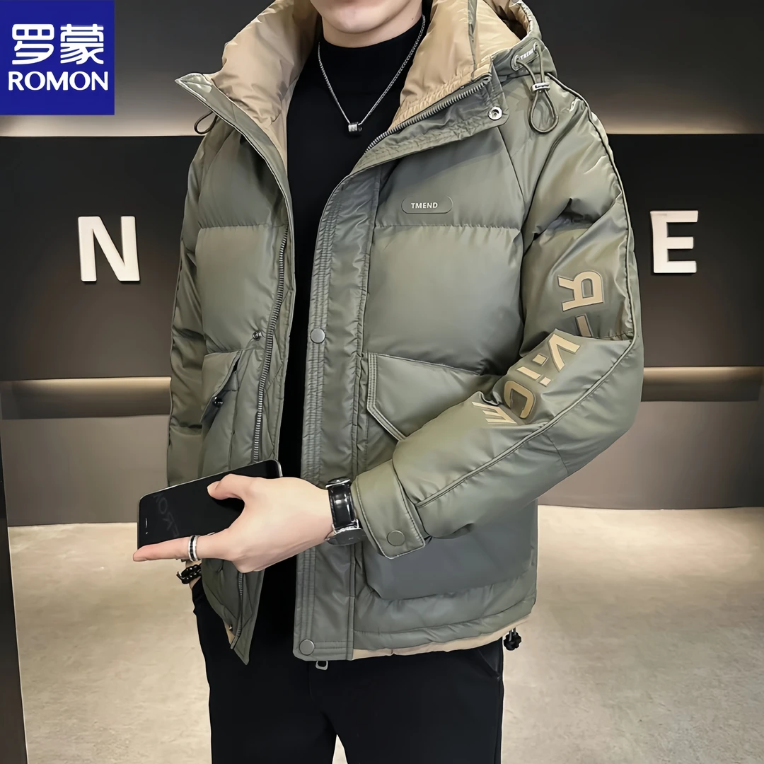Romon/罗蒙羽绒服男连帽休闲商务潮流免洗外套秋冬季大码加厚上衣