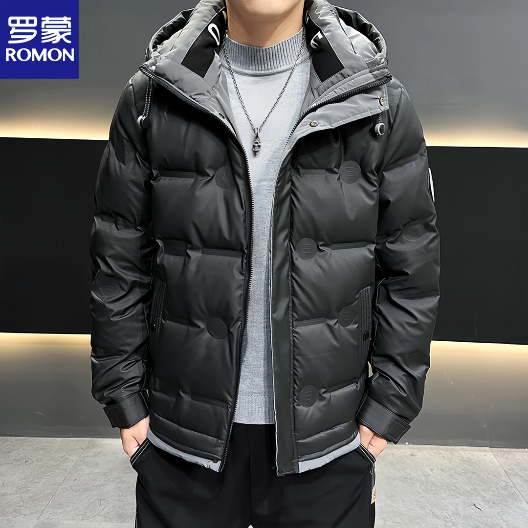 Romon/罗蒙潮流青年男士羽绒服冬季新款保暖休闲白鸭绒连帽外套男