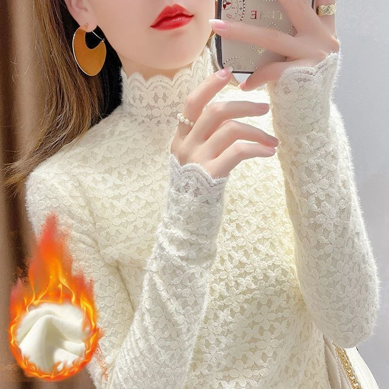 新款秋冬加绒蕾丝高领打底衫女修身显瘦内搭洋气宽松上衣
