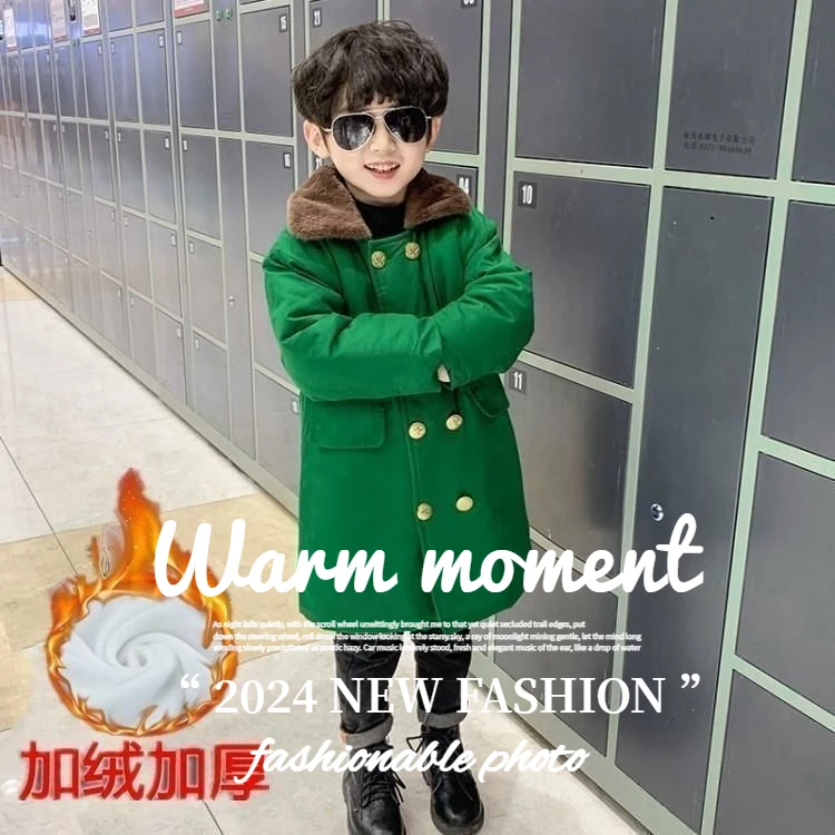 儿童军大衣小孩冬季男童加厚加绒袄中长款外套宝宝洋气网红冬绿色