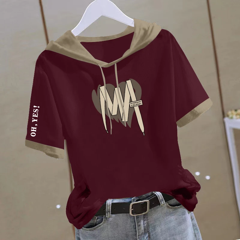 100%纯棉短袖t恤女2024夏季新款休闲百搭韩版宽松连帽T恤上衣女潮
