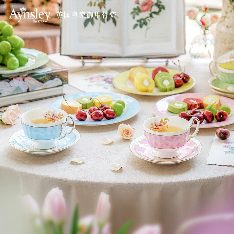 英国Aynsley安斯丽色釉粉玫瑰咖啡杯餐盘英式骨瓷下午茶茶具