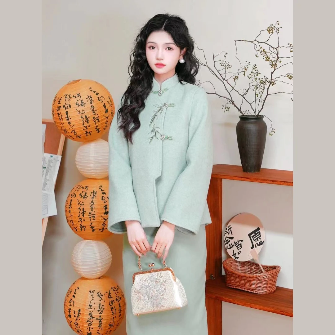 【绮梦】新中式双面大衣短款外套女呢子两件套装裙秋冬