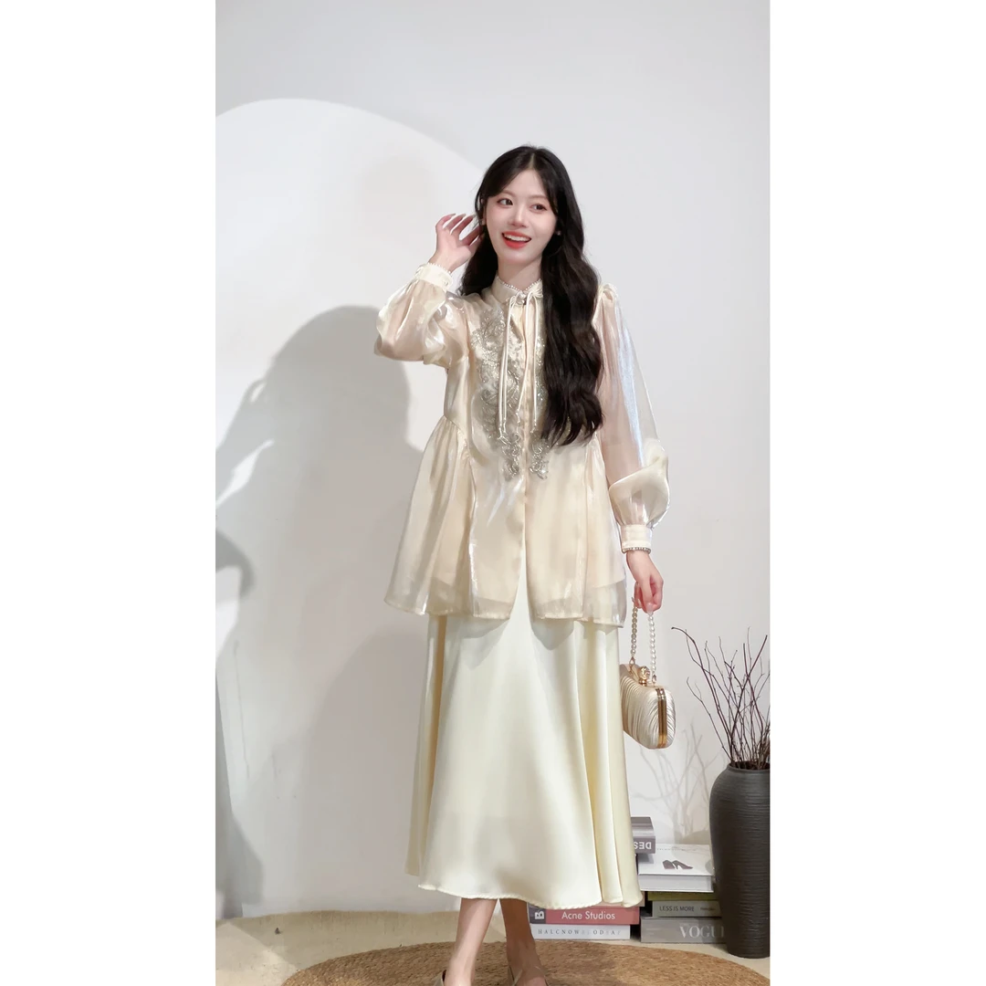 【今朝】秋冬新款半身裙长袖上衣网纱高级设计感两件套仙女风日常