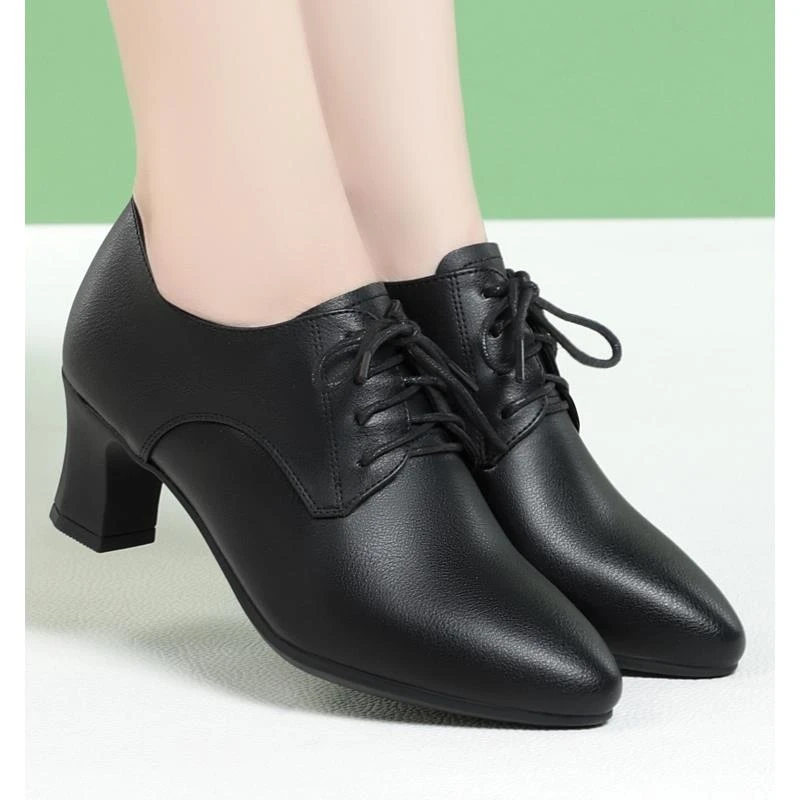 真皮软底气质高跟鞋高跟工作鞋百搭黑色尖头上空姐软底真皮工作鞋