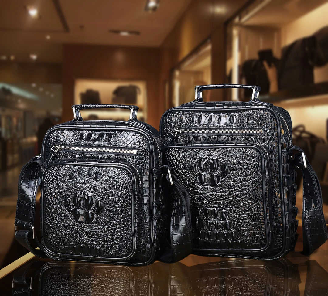 鳄鱼骨皮男士单肩斜跨包真皮时尚男包手拎包户外商务休闲挎包