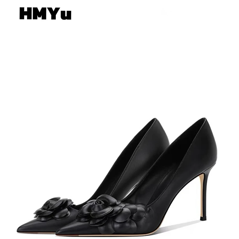 黑色山茶花高跟鞋女2024新款法式尖头细跟设计感小众气质单鞋