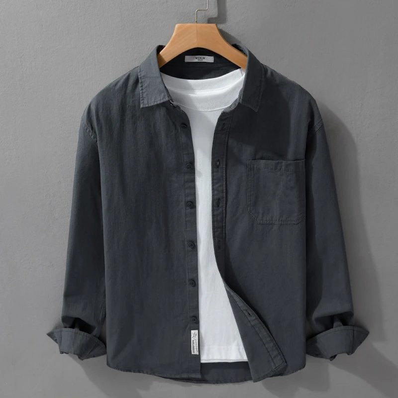 高级感舒适纯棉长袖衬衫男士秋季新款返潮复古休闲百搭通勤衬衣男