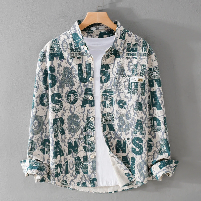 美式字母满印个性翻领衬衫男士日系痞帅高街纯棉长袖衬衣外套男潮