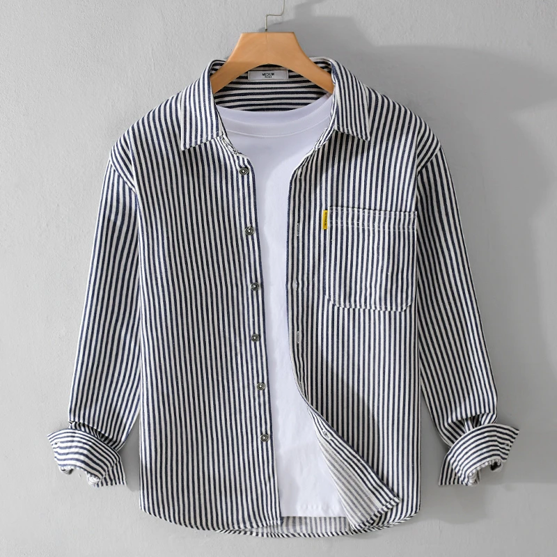 春季新款条纹长袖衬衫男款日系痞帅高端潮牌宽松休闲百搭衬衣外套