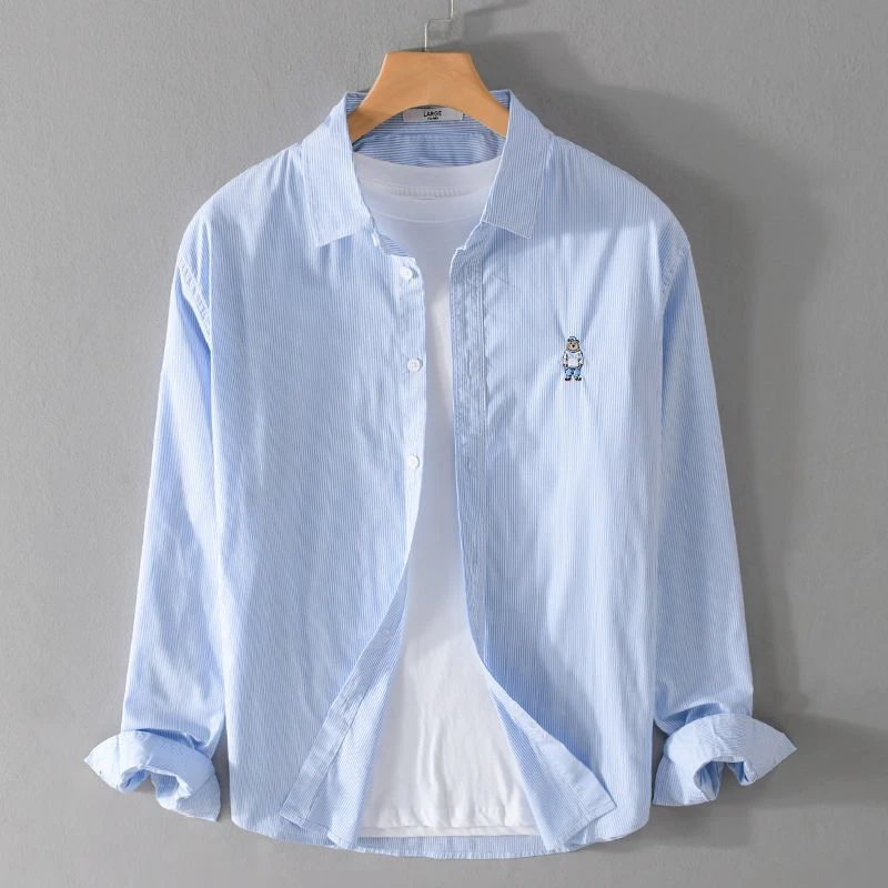 小熊刺绣竖条纹长袖衬衫男士秋季新款日系复古潮流百搭休闲衬衣男