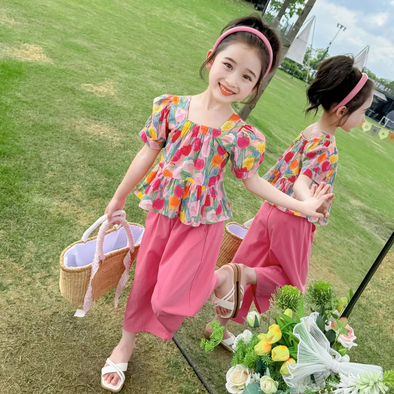 女童夏装套装2025新款洋气时髦上衣韩系阔腿裤两件套夏季女孩衣服