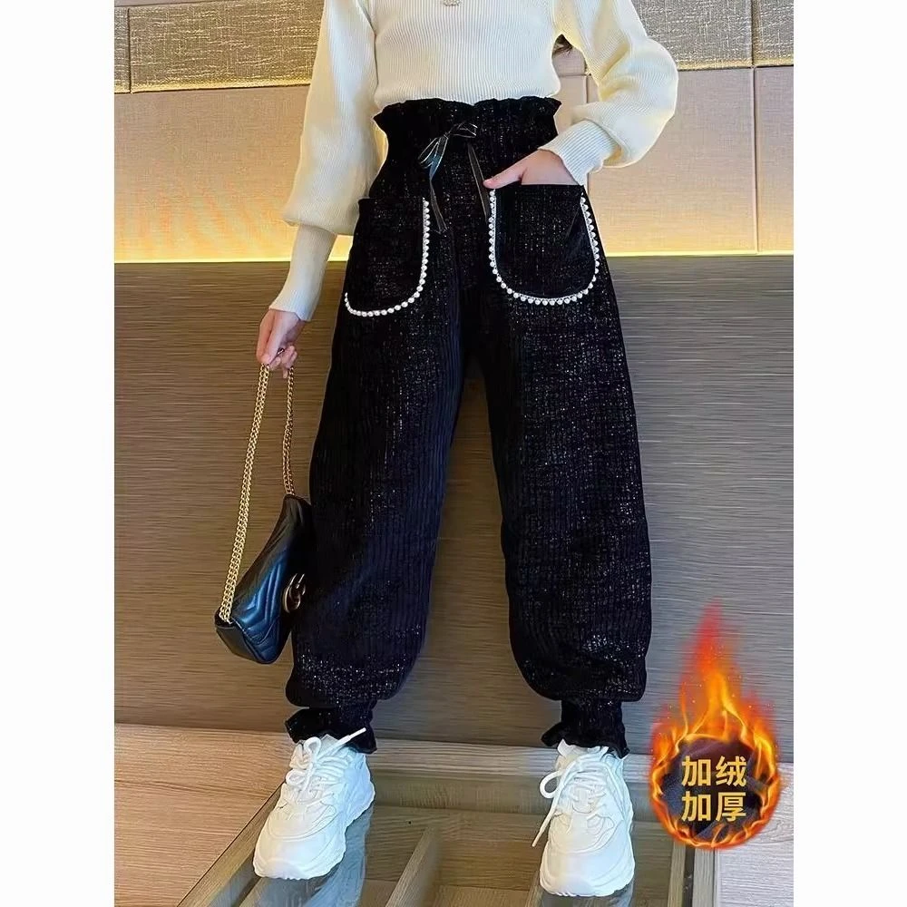 冬季新款女童裤子秋冬季加绒加厚外穿一体绒中厚中大童洋气宽松女