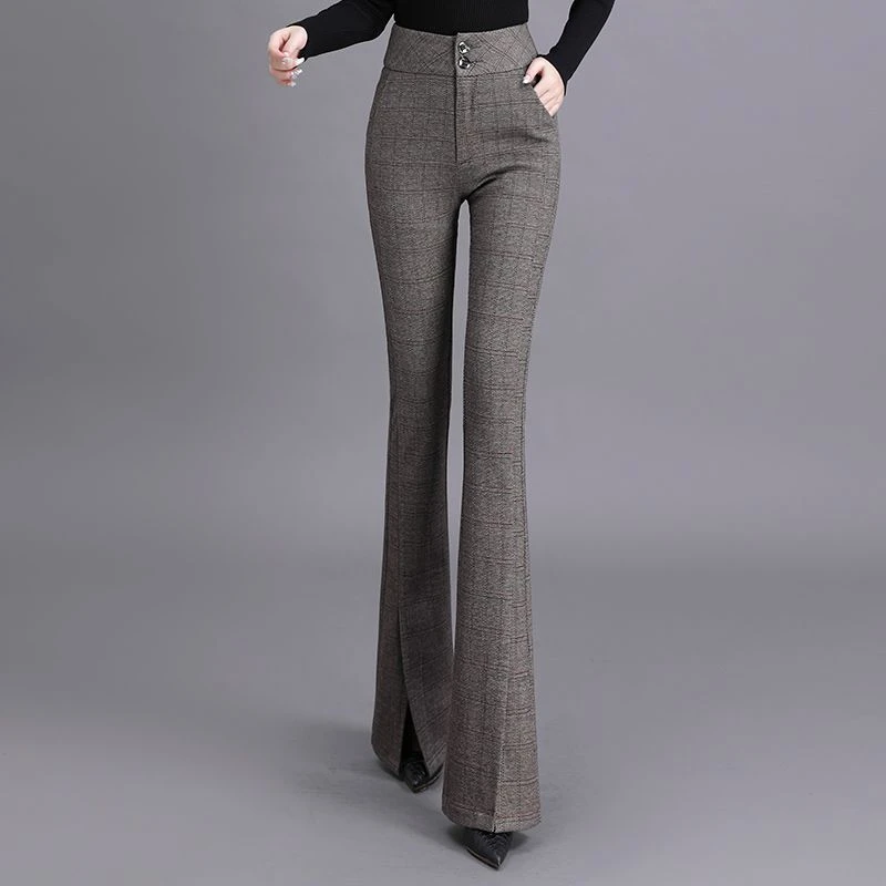 格子裤女毛呢裤2023秋冬喇叭裤女高腰显瘦修身垂坠感免烫微喇长裤