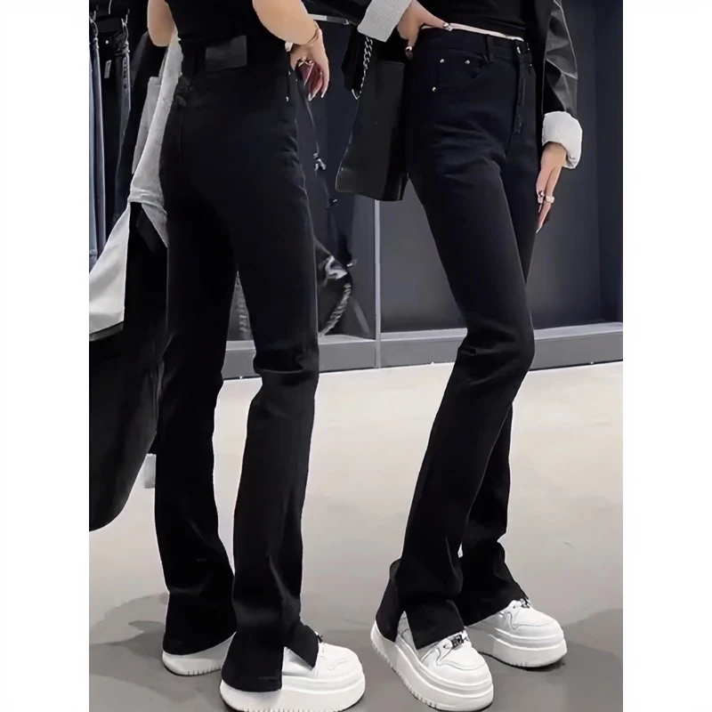 黑色开叉高弹高腰微喇叭裤牛仔裤女2023新款秋冬小个子显瘦拖地裤