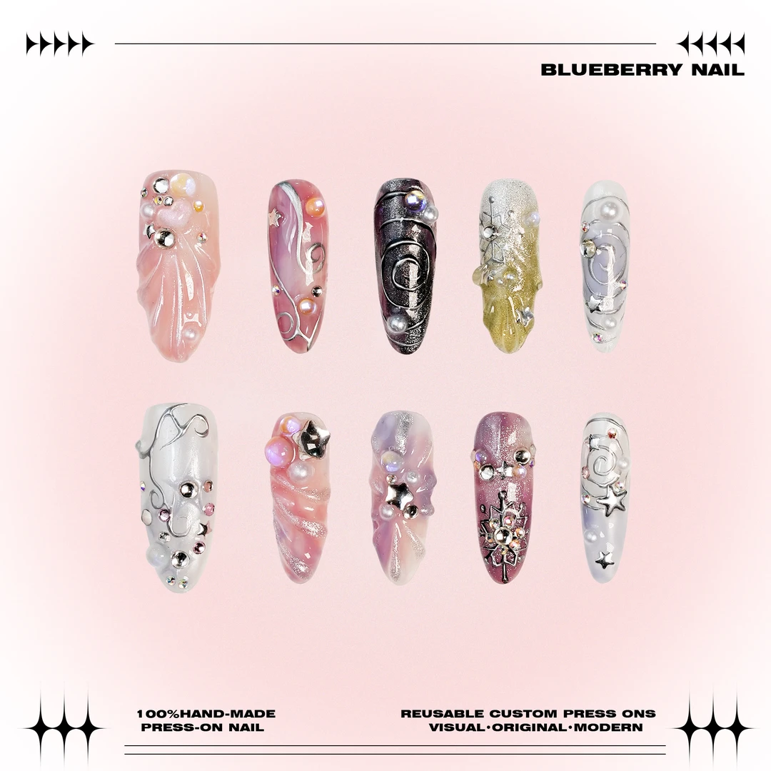 BB粉色N莓果纯手工穿戴甲【纷】辣妹y2k显白气质ins碎钻中长款冰透