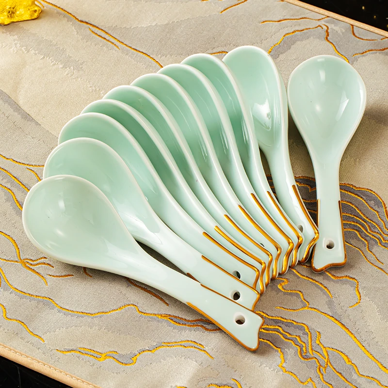 【莲叶青】景德镇中式餐具配套小勺家用陶瓷调羹个性勺子大汤勺组合