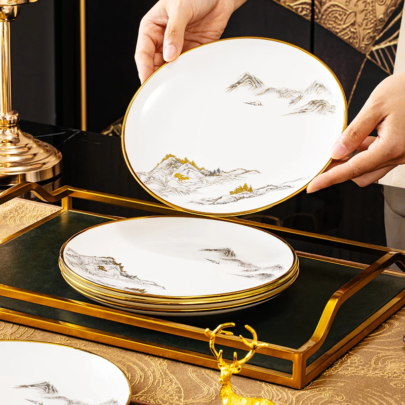 【水墨江山】浅盘景德镇高档轻奢骨瓷盘子菜盘中式金边餐盘