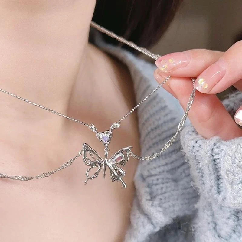 爱心双层蝴蝶项链女甜酷ins潮辣妹气质高级感个性百搭骨碟锁骨链