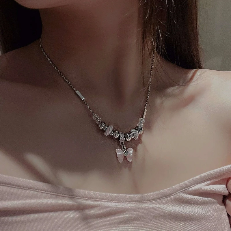 钛钢项链 粉色ins蝴蝶结项链女轻奢小众气质温柔风锁骨链高级感