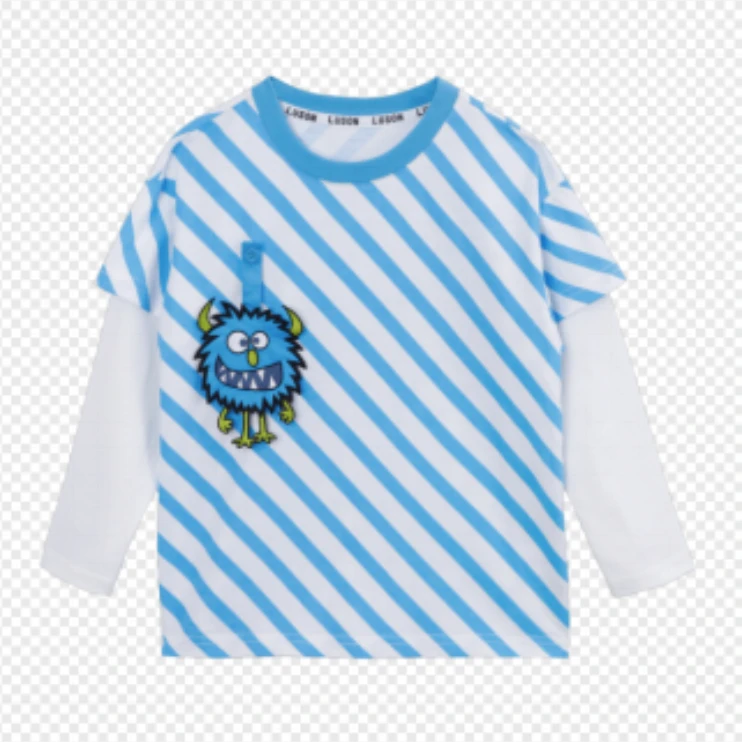 陈大猪LUSON蓝白斜条纹假两件T恤XBCST120