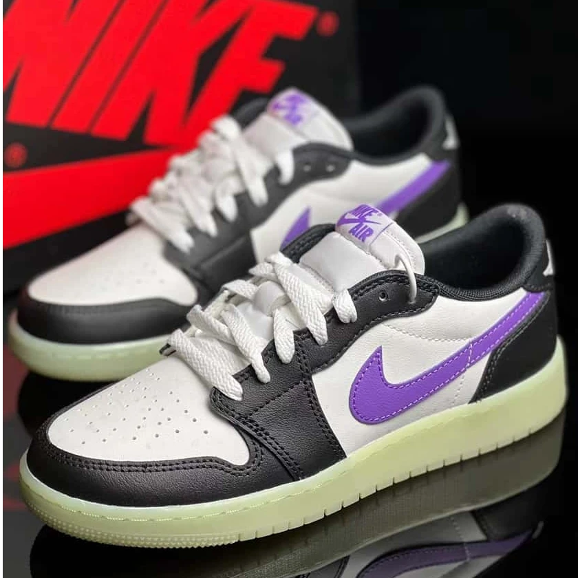Air Jordan 1 Low AJ1 GS黑白紫色女款夜光低帮篮球鞋 HF0410-001