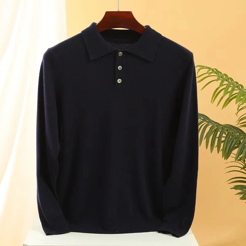 24款男士小山羊绒三粒扣polo领100%山羊绒针织套头毛衣