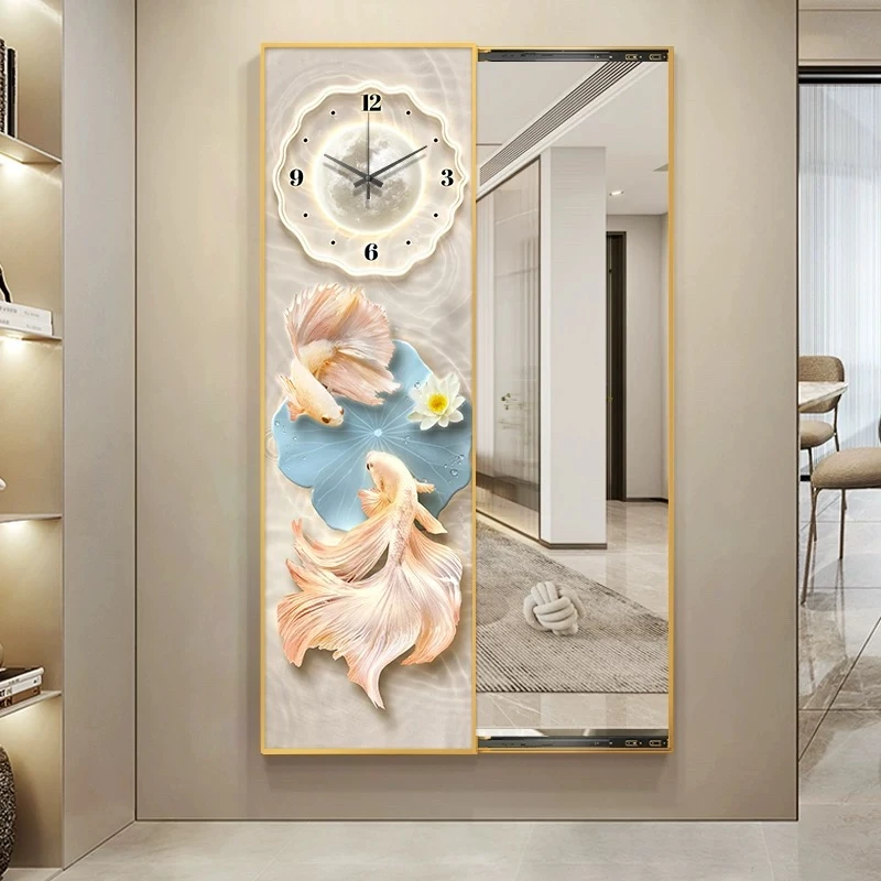 奶油风锦鲤时钟挂画推拉式隐形穿衣镜挂画过道玄关全身镜装饰挂画