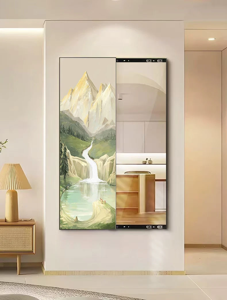 高山流水镜子画推拉镜暗藏式挂墙客厅玄关壁画可关闭全身镜挂墙画