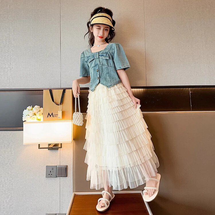 女童牛仔套装夏装2024新款洋气儿童夏季中大童短袖女孩半身裙夏款