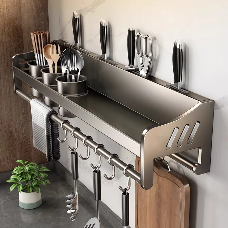 不锈钢壁挂式厨房置物架免打孔壁挂调料架加宽多功能刀具置物架