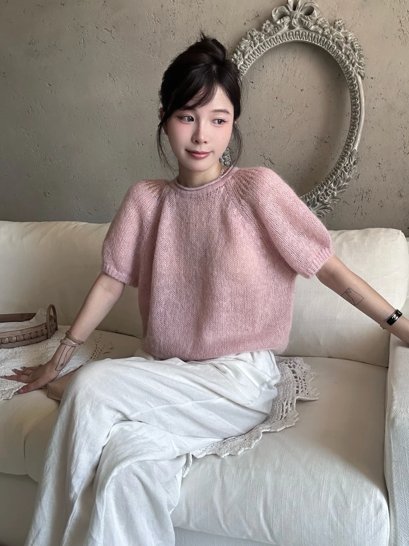 【美子】韩系短袖针织毛衣秋季新款时尚简约圆领泡泡袖上衣高智淡人