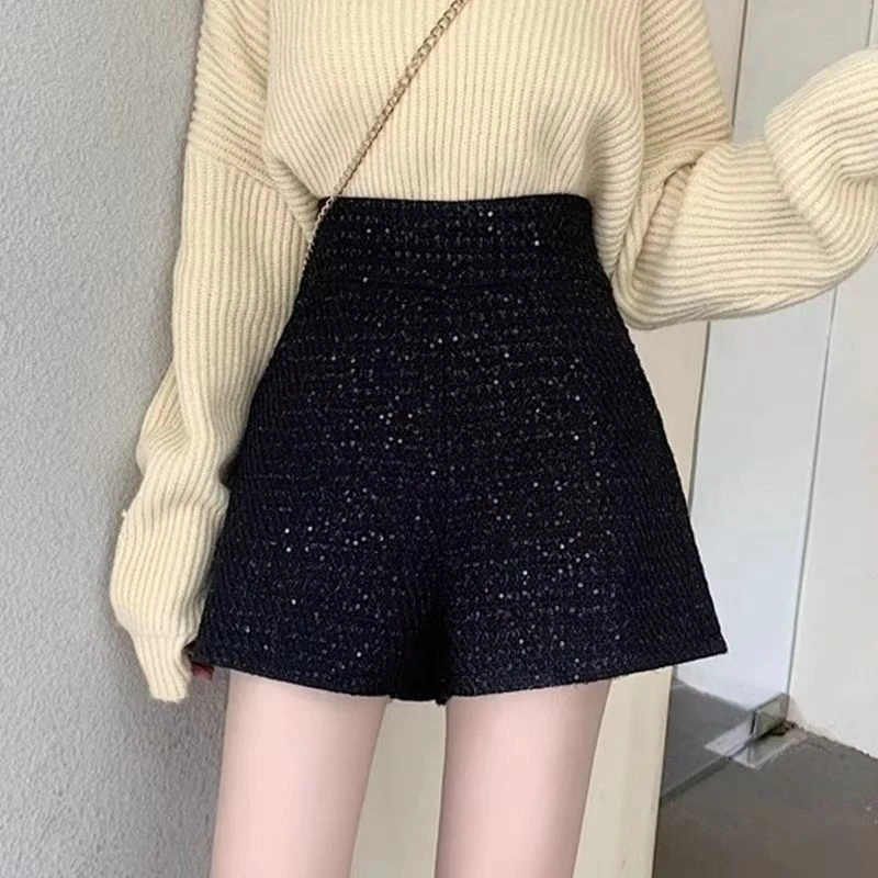 501-550 秋冬款妮子短裤显瘦高腰百搭毛呢ins黑色宽松韩版A字短裙