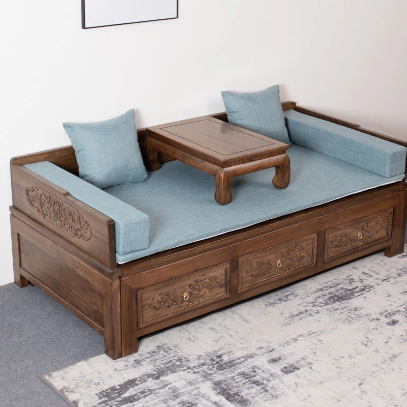 榆木新中式推拉罗汉床实木老榆木明式家具小户型禅意卧榻储物沙发