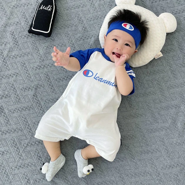 新生儿婴儿连体衣宝宝薄款哈衣夏天纯棉爬服睡衣+发带