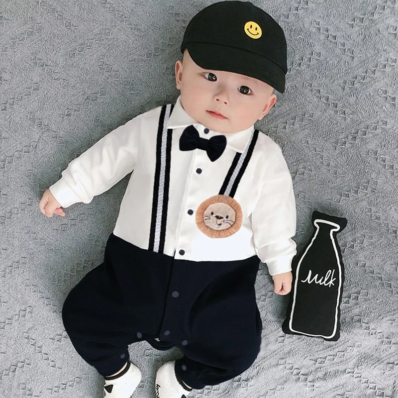 婴幼儿绅士连体衣宝宝秋款洋气哈衣新生儿长袖爬服假两件背带裤