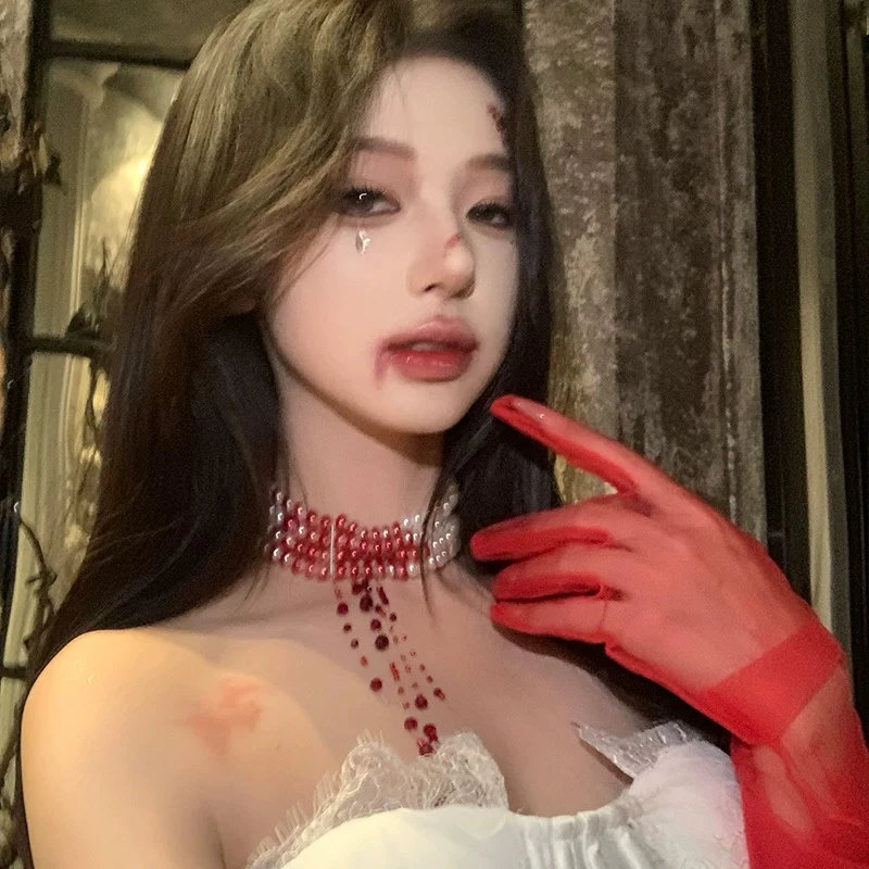 非金属仿珍珠项链 哥特项链甜酷血滴流苏项圈万圣节个性串珠颈链