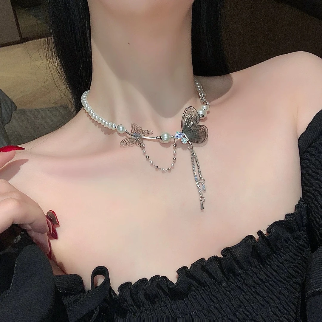 合金仿珍珠项链 超仙镂空蝴蝶流苏项链女choker轻奢小众锁骨链ins