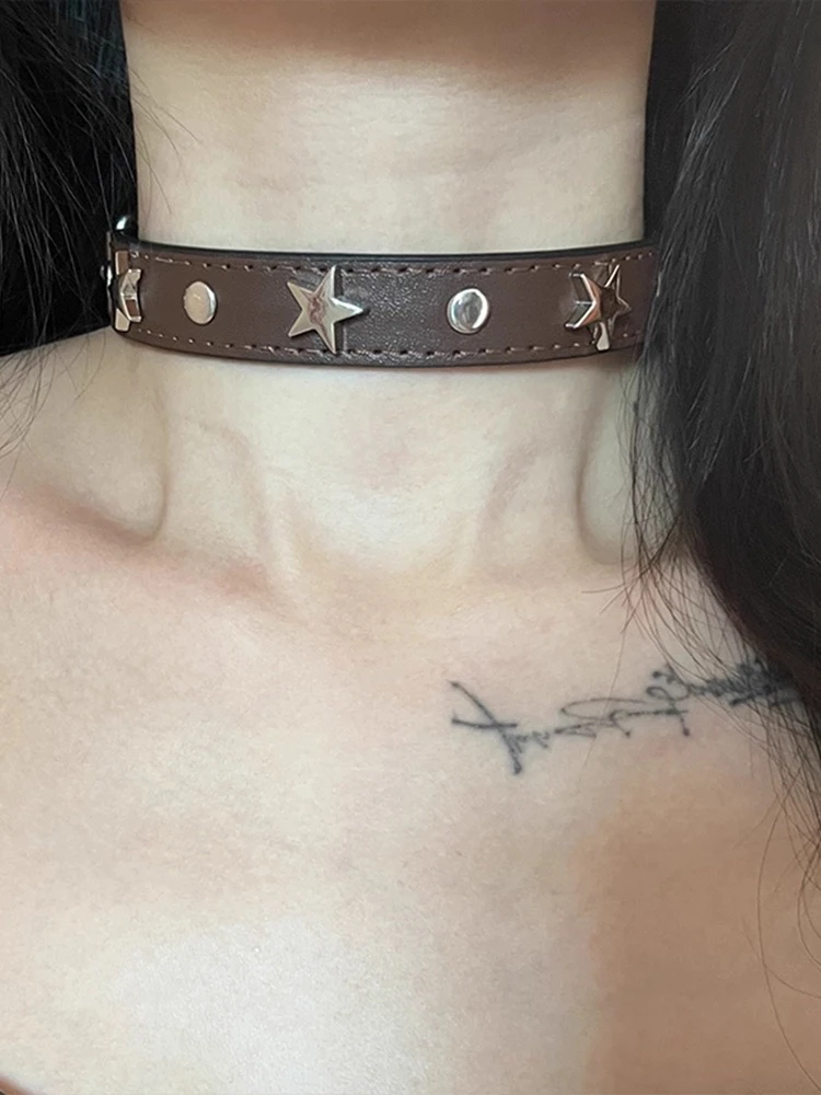 铜合金皮质项链 美拉德五角星项圈皮质彩色y2k朋克亚文化choker