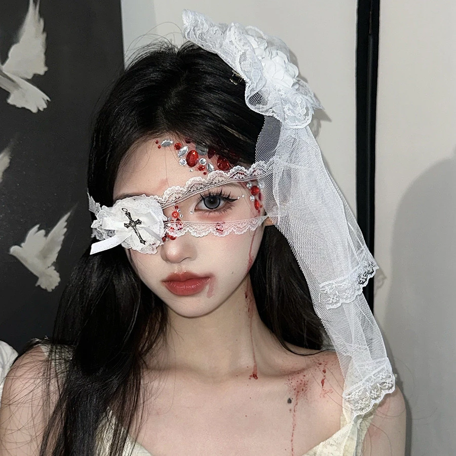 合金布艺项链 万圣节暗黑哥特风十字架眼罩女cos甜酷辣妹头纱项圈