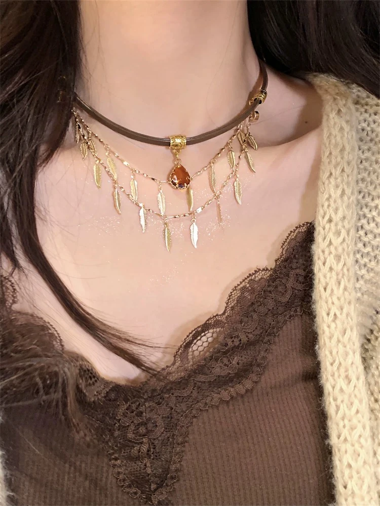 合金皮质项链 复古串珠叠戴项链女中古项链美拉德小众锁骨链潮ins