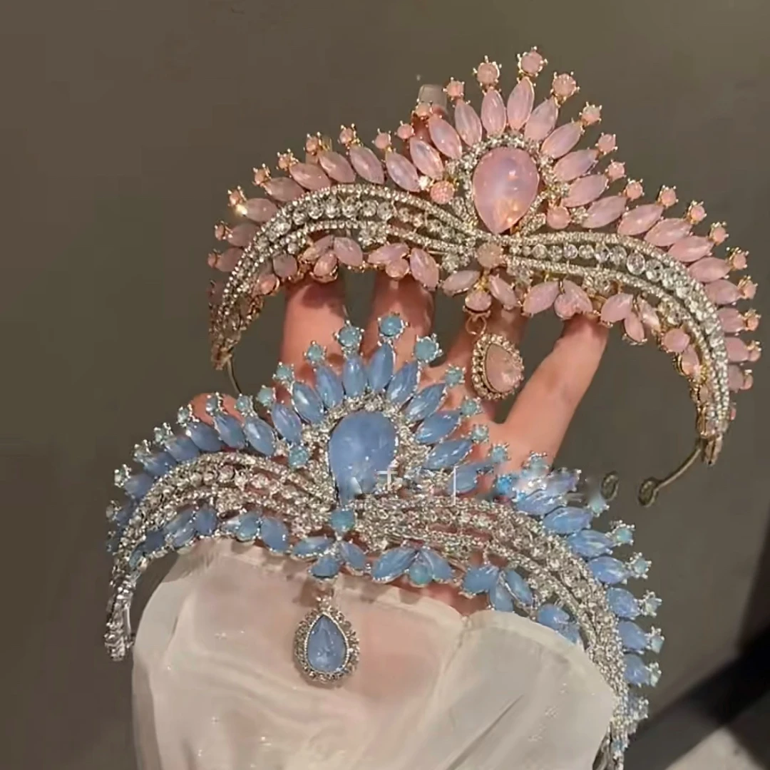 「在逃公主」法式爆闪湖水蓝水钻皇冠宫廷风精致生日发饰新娘头饰