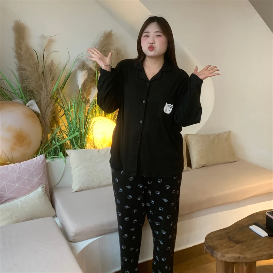 冬款德绒磨毛厚款长袖大码胖MM200斤简约纯色凯蒂猫睡衣家居服
