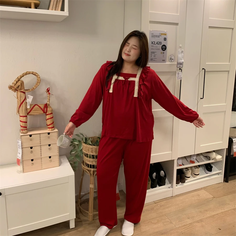 秋冬厚款德绒磨毛长袖长裤大码胖MM200斤酒红色方领睡衣