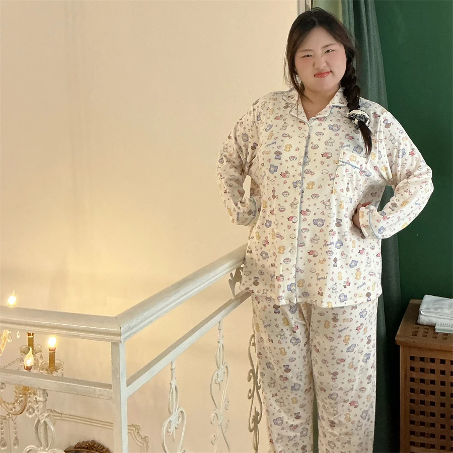 秋冬德绒磨毛厚款睡衣大码胖MM200斤可爱小狗印花卡通家居服