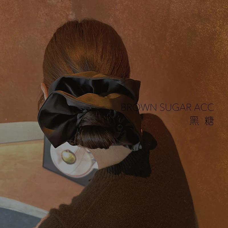 超大号裙摆荷叶边发圈黑色高级缎面气质不规则扎头发绳皮筋双层新