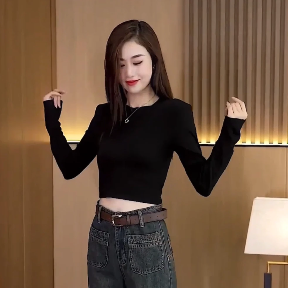 春秋长袖T恤女士2025年新款套头秋冬短款长袖修身百搭网红打底衫